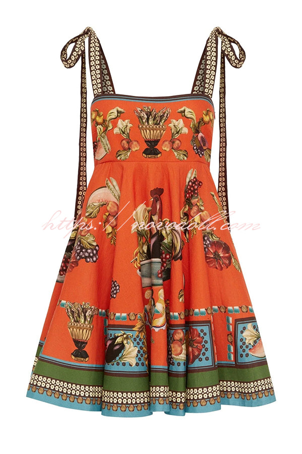 Linen Blend Unique Print Suspender Tie Casual Mini Dress
