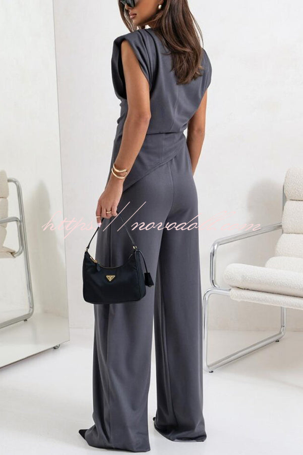 Jordy Ruched Shoulder Slit Top and Elastic Waist Pocketed Wide Leg Pants Set