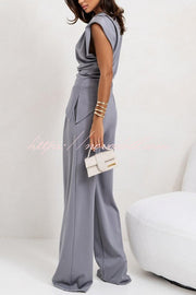 Jordy Ruched Shoulder Slit Top and Elastic Waist Pocketed Wide Leg Pants Set