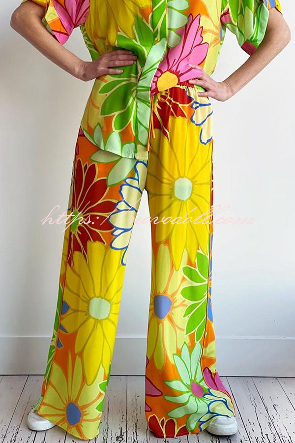 Colorful Flowersl Print Short-sleeved Loose Shirt and Elastic Waist Pocket Pants Set