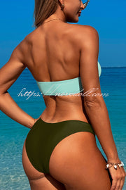 Solid Color Metal Button Decorated Stretch Two-piece Bikini Swimsuit