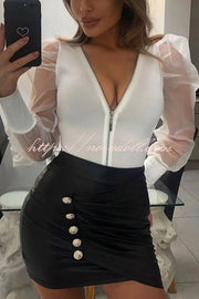 Solid Color Zip Front Sheer Puff Sleeves Bodysuit