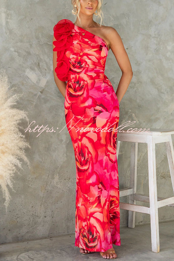 Floral Print Sleeveless 3D Flower One Shoulder Slim Maxi Dress