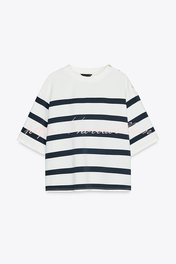 Logbook Stripe Button Shoulder T-Shirt and High-Rise Pocketed Loose  Shorts Set