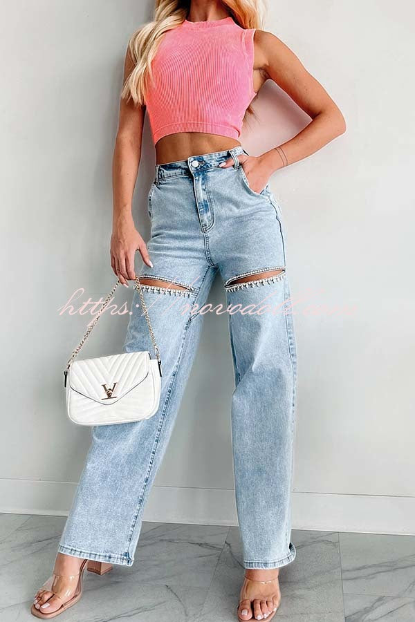 Blowing Your Mind Slit-Front Wide Leg Pocket Rhinestone Jeans