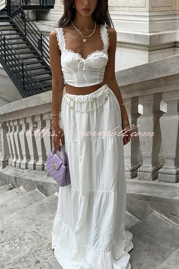 Fashionable Suspender Slim-fit Top and Elastic Waist Stitching Elegant Maxi Skirt Set