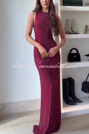 Holiday Nights Sequin Boat Neck Sleeveless Slit Maxi Dress