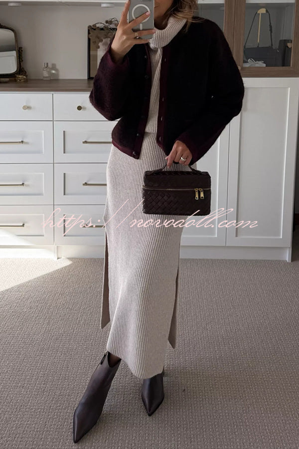 Book Club Knit Turtleneck Cap Sleeve Slit Sweater Midi Dress