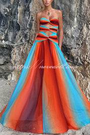 Neon Sunset Mesh Printed Twist Cutout Off Shoulder Vacation Maxi Dress