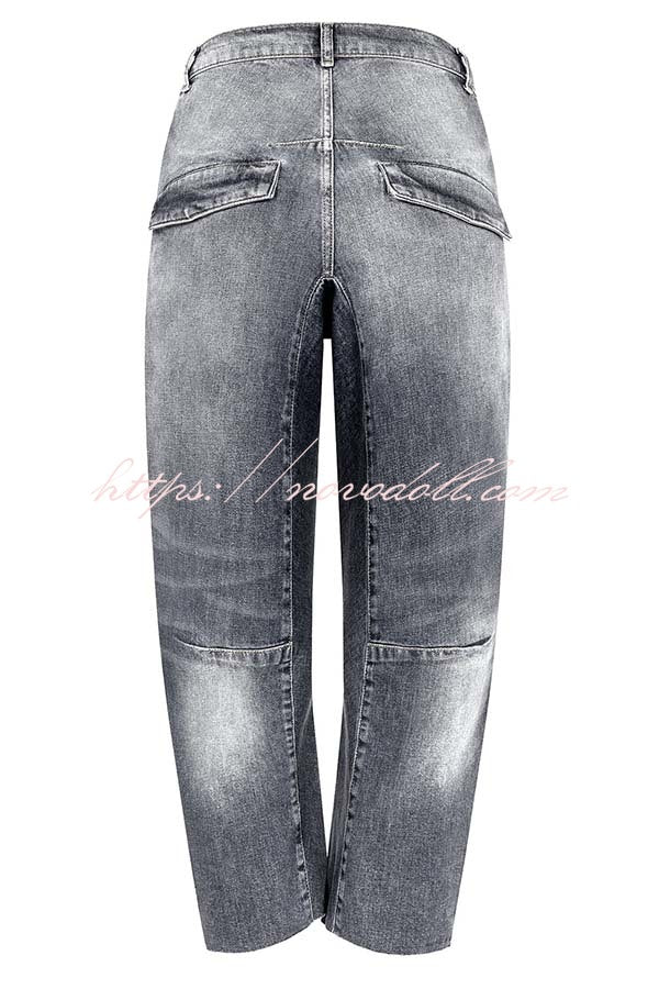 Casual Meetup Washed Denim Mid Rise Pocketed Barrel Jeans