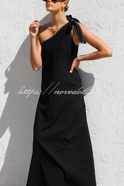 Solid Color One-shoulder Strappy Elegant Sloping Collar Loose Maxi Dress