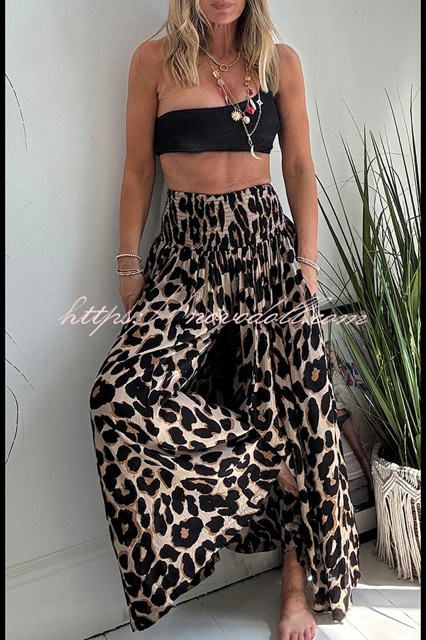 Stella Leopard Print High Rise Smocked Waist Pocketed Wide Leg Pants