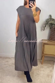 Solid Color Round Neck Sleeveless Pleated Large Hem Maxi Dress