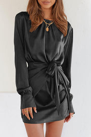 Satin Round Neck Long Sleeve Elastic Tie Mini Dress