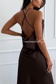 Jensin Satin Lace Trim Cowl Neck Back Cross Lace-up Slit Midi Dress