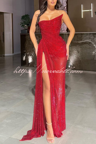Lysette Sequin Pleated Design Irregular Off-shoulder Slit Drape Gown Maxi Dress