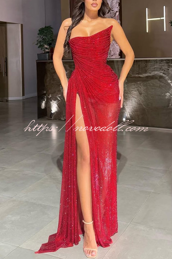 Lysette Sequin Pleated Design Irregular Off-shoulder Slit Drape Gown Maxi Dress