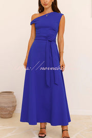 Solid Color Sloped Collar Slim Fit Waist Lace Up Full Hem Maxi Dress