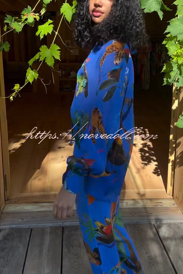 Unique Print Lapel Long Sleeve Loose Shirt and Elastic Waist Pocket Wide Leg Pants Set