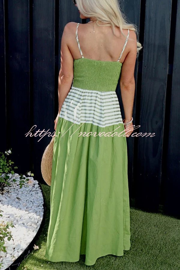 Dove Linen Blend Striped Contrast Back Smocked Slip Maxi Dress