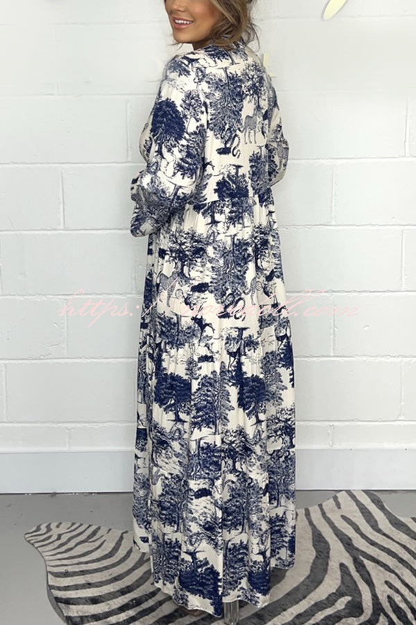 Botanical Print Casual V-neck Trumpet Sleeve Maxi Dress