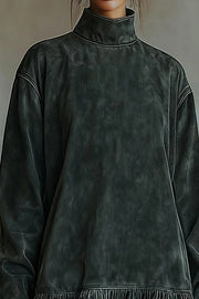 Fashionable Leopard Print Patchwork Loose Turtleneck Long-sleeved Casual Mini Dress