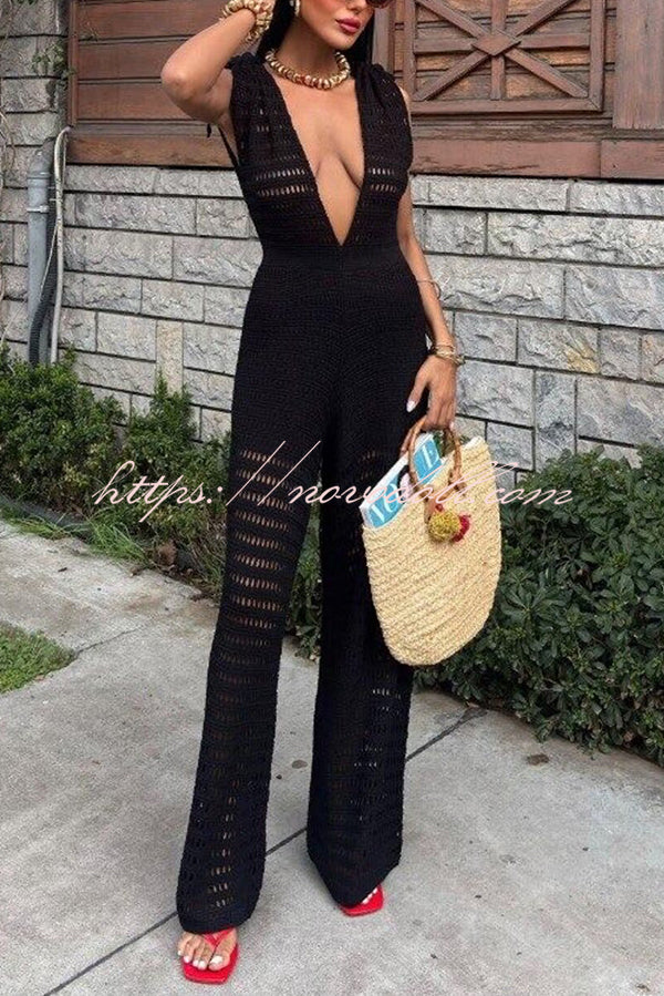 Solid Color Knitted V-neck Holiday Hollow Casual Jumpsuit