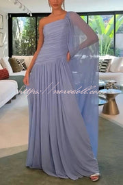 End of Light Chiffon One Shoulder Single-sleeve Shawl Ruched Maxi Dress