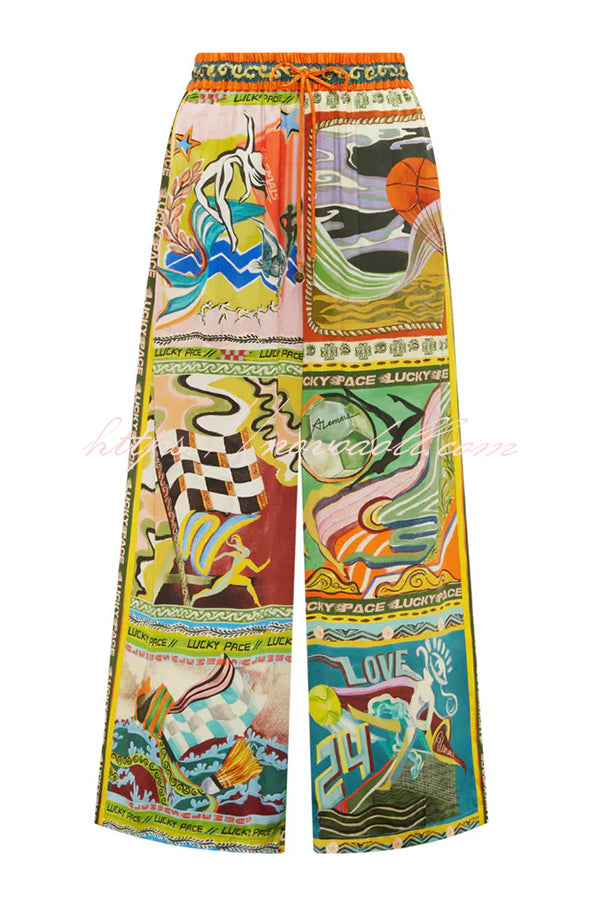 Unique Printed Lapel Short-sleeved Loose Shirt and Elastic Waist Tie Wide-leg Pants Set
