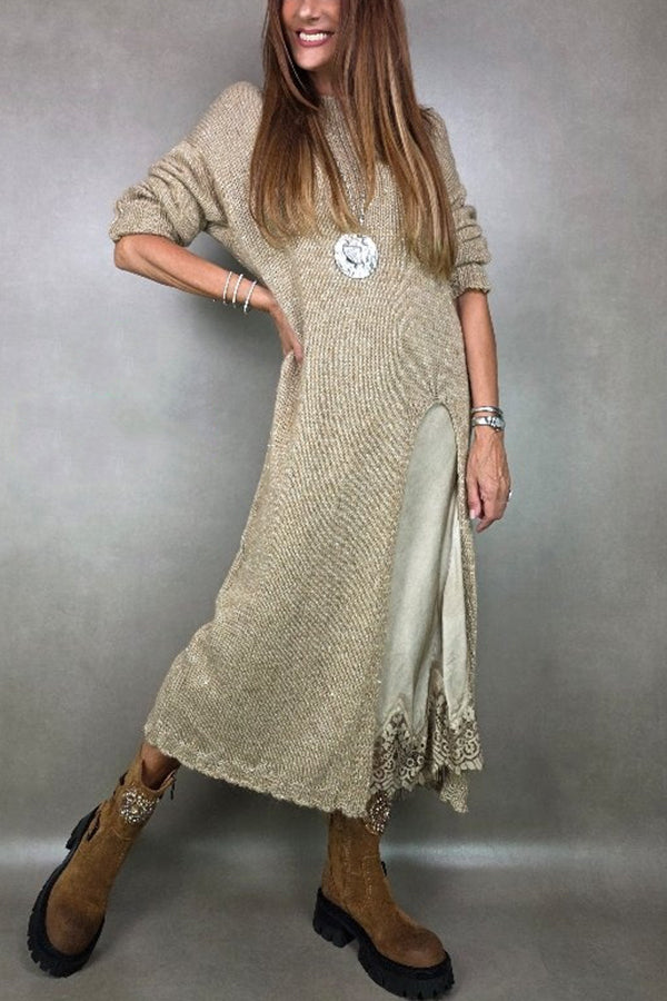 Solid Color Knitted Long-sleeved Casual Slit Midi Dress