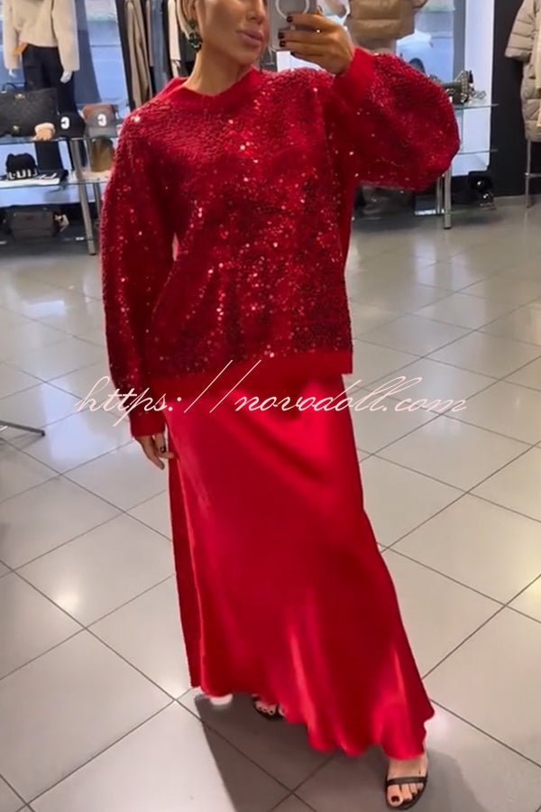 Celebration Day Sequin Patchwork Loose Sweatshirt and Satin Elastic Waist Maxi Skirt Set