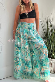 Stella Leopard Print High Rise Smocked Waist Pocketed Wide Leg Pants