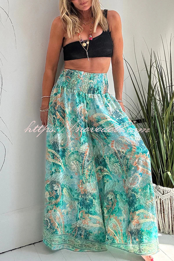 Stella Leopard Print High Rise Smocked Waist Pocketed Wide Leg Pants