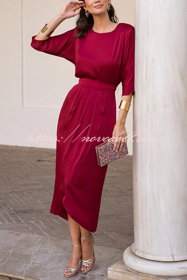 Satin Solid Color Round Neck Half Sleeve Waist Midi Dress