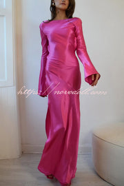 Satin Elegant Long-sleeved Open-back Slim-fit Slit Maxi Dress