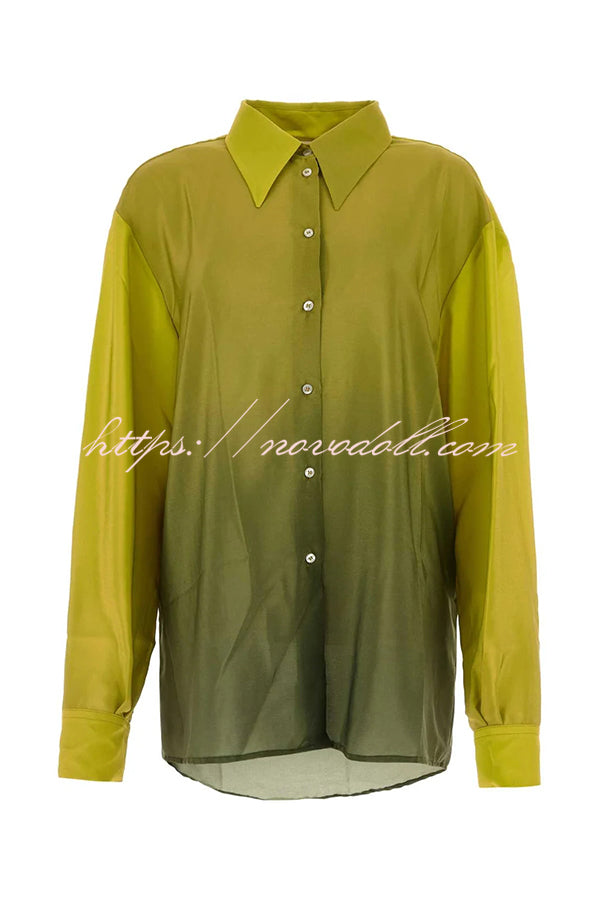 Moonlit Waltz Gradient Print Button Up Long Sleeve Loose Blouse