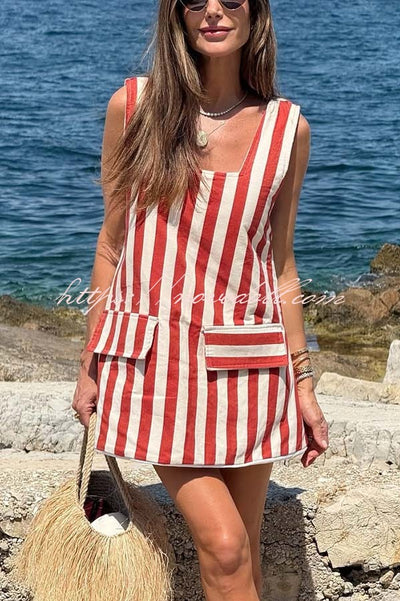 Sunny Views Thick Striped Print Wide Strap Flap A-line Mini Dress