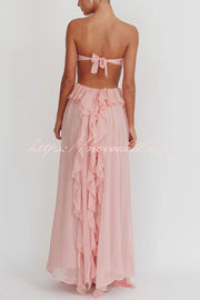 Gorgeous Vacation Halter Rose Detail Cut Out Ruffles Backless Maxi Dress