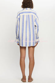 Stripe Print Lapel Long-sleeved Casual Shirt and Elastic Waist Loose Shorts Set