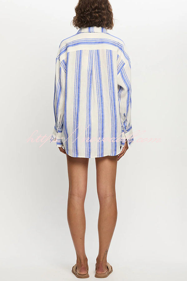 Stripe Print Lapel Long-sleeved Casual Shirt and Elastic Waist Loose Shorts Set