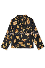 Golden Night Unique Print Color-block Trim Loose Shirt and Elastic Waist Pocketed Pajama Set