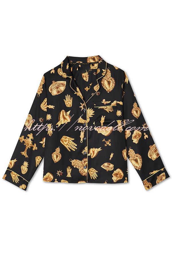 Golden Night Unique Print Color-block Trim Loose Shirt and Elastic Waist Pocketed Pajama Set