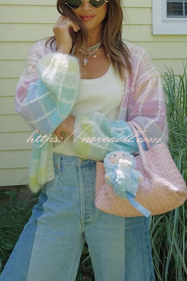 Palette Day Knit Color Blocks Open Front Balloon Sleeve Loose Cardigan