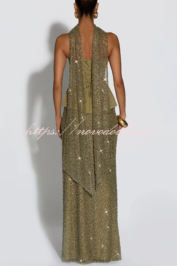 Oakley Corset Strapless Top and Sequin High Rise Maxi Skirt Scarf Set