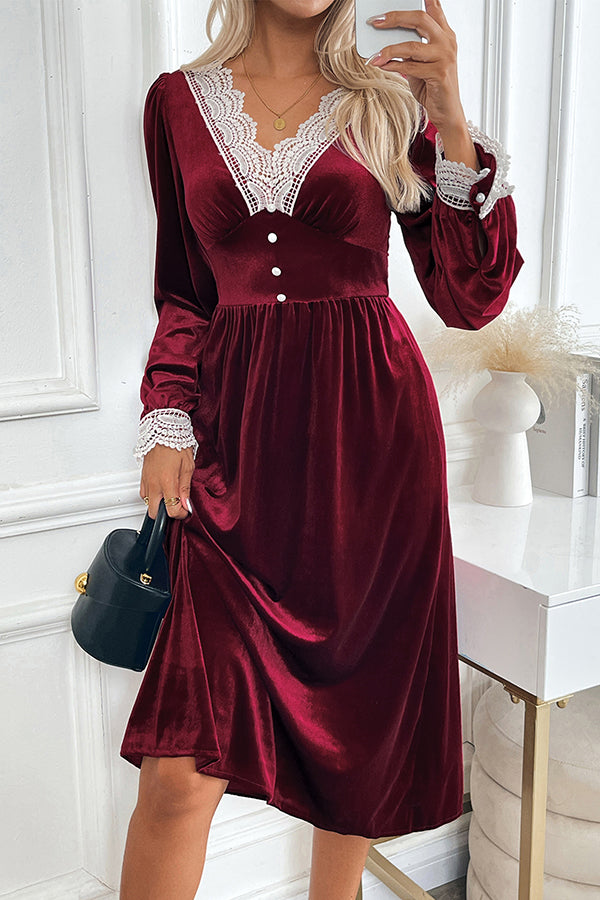Vintage Velvet Lace Paneled V-neck Long-sleeved Elegant Midi Dress