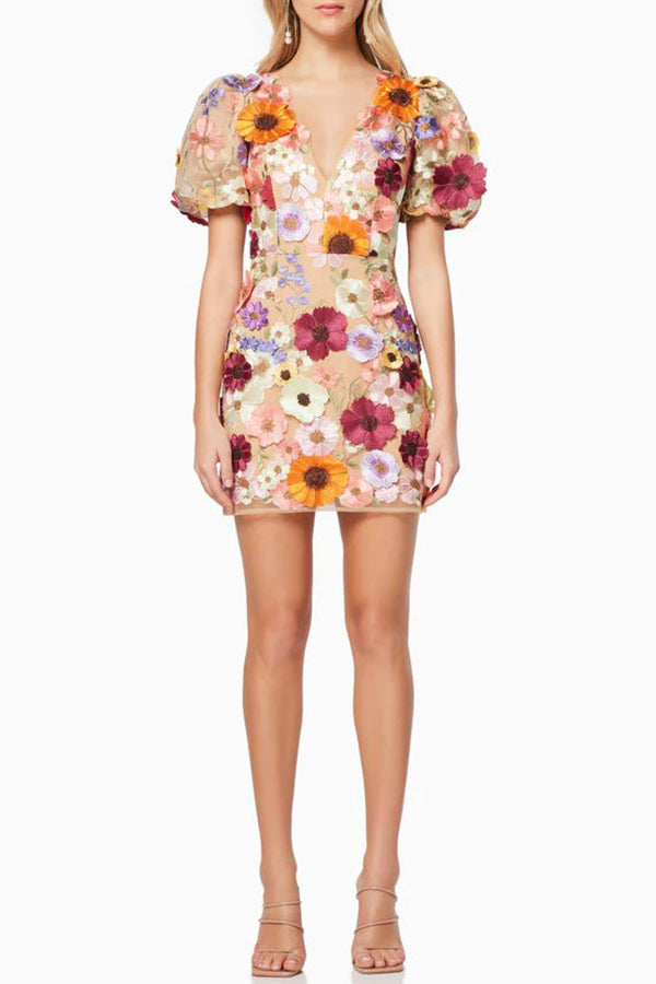 Garden Gala Embroidered Floral Applique Puff Sleeve Mini Dress