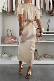 Satin Solid Color V-neck Cross Knot Slim Maxi Dress