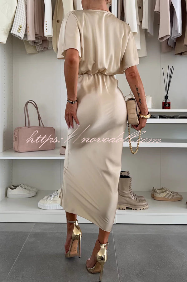 Satin Solid Color V-neck Cross Knot Slim Maxi Dress