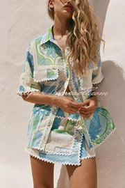 Pierre Linen Blend Ric Rac Trims Unique Print Short Sleeve Shirt and Wrap Tie-up Mini Skirt Set