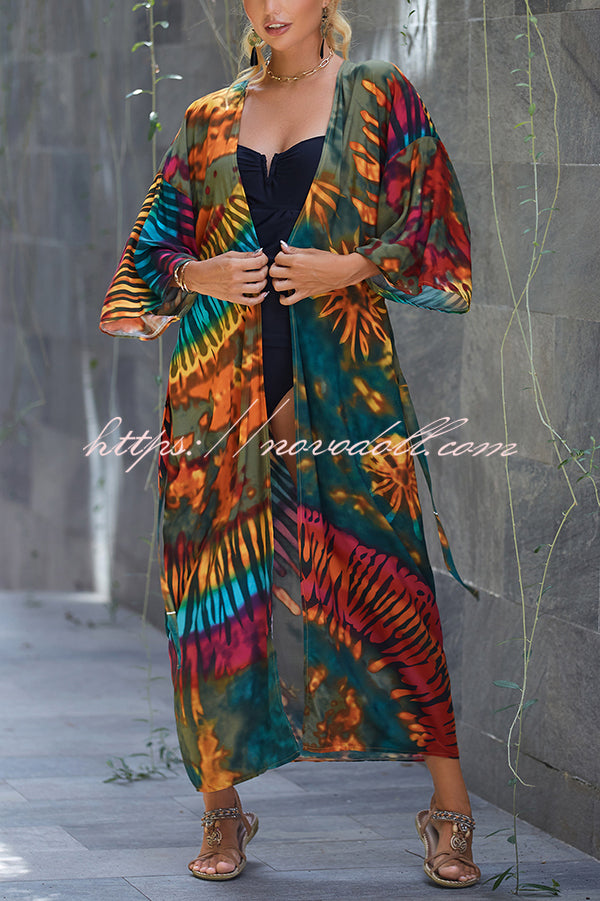 Unique Print Loose Lace Up Holiday Maxi Cover Up